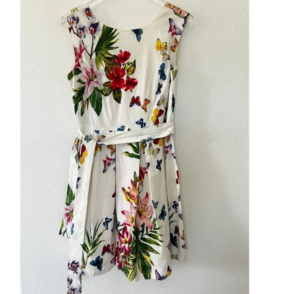 NEW! Derhy Floral Fit & Flare Dress M White Tropical Garden Cotton Sleeveless - Picture 2 of 9